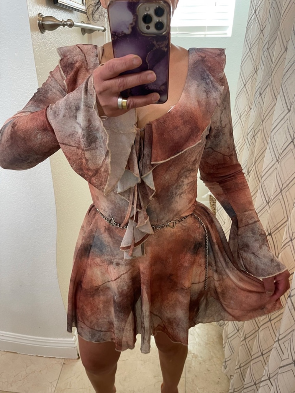 Multi-Tone Ruffle Long-Sleeve Dress